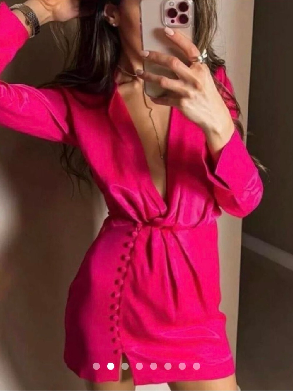 ZARA Hot Pink Deep V Long Sleeve Mini Dress